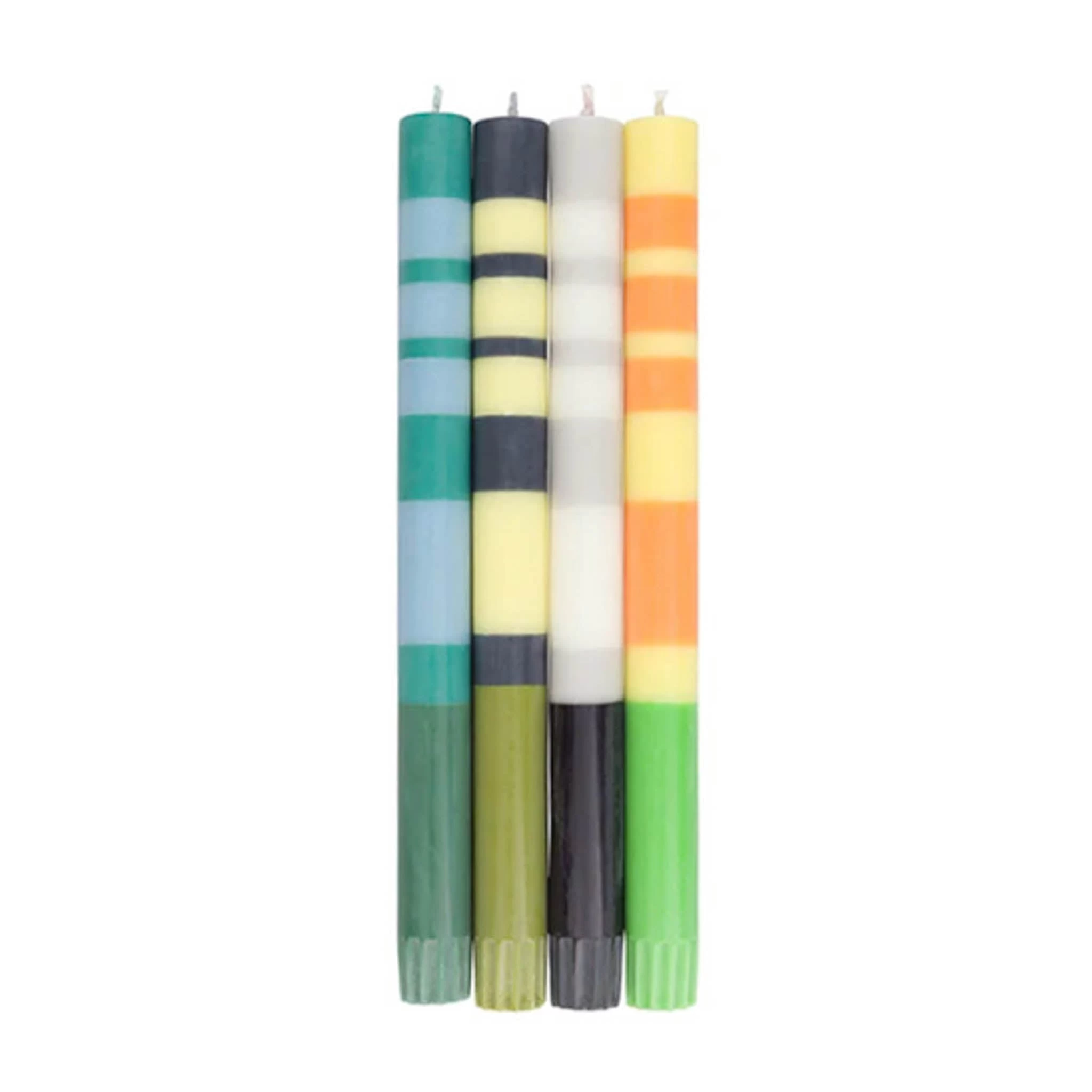 Set Of 4 Striped Candles, Greens & Yellows 1 Set Of 4 Striped Candles, Greens & Yellows