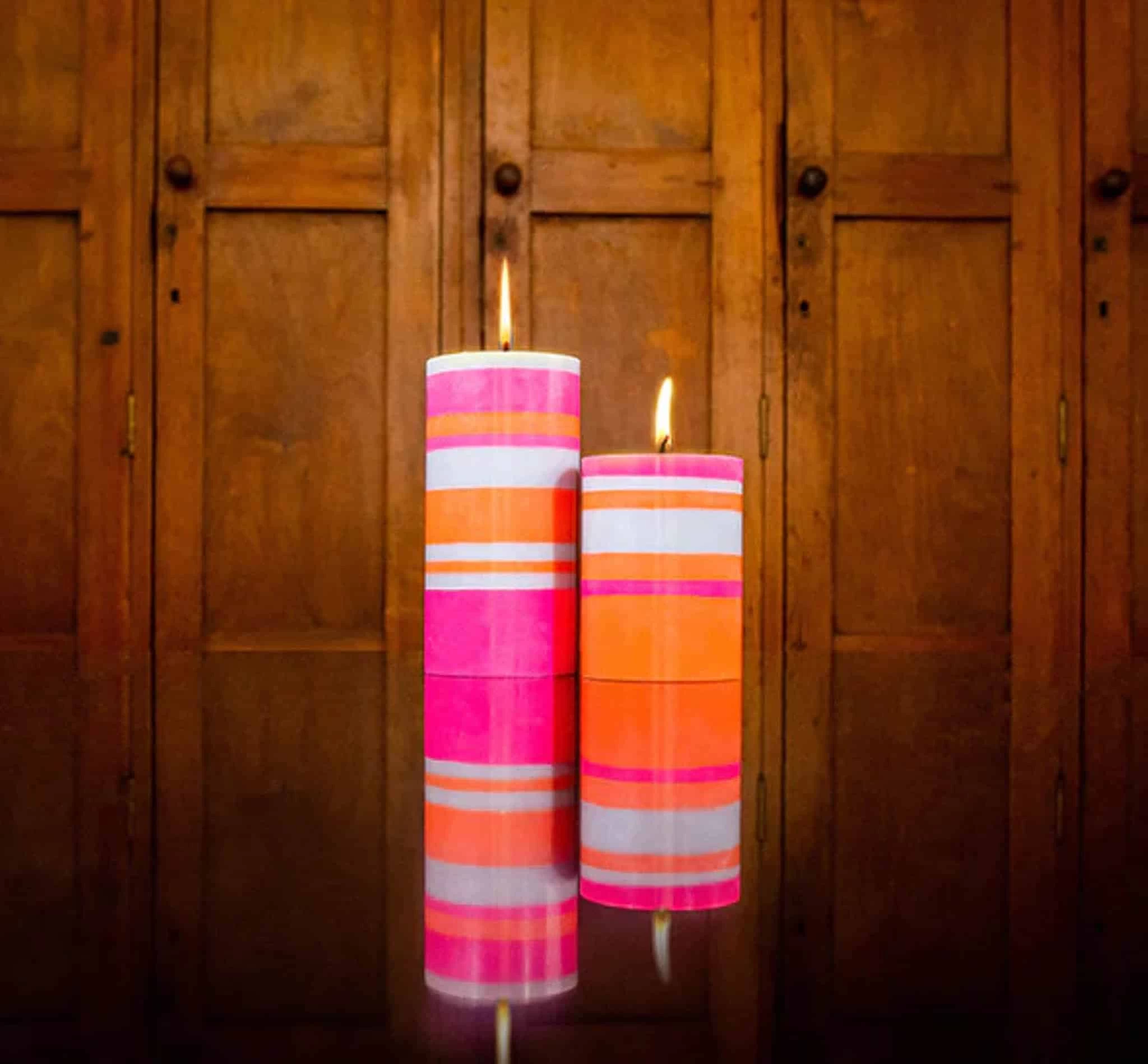 Striped Pillar Candle, Orange & Pink, 10cm 2 Striped Pillar Candle, Orange & Pink, 10cm - Image 2