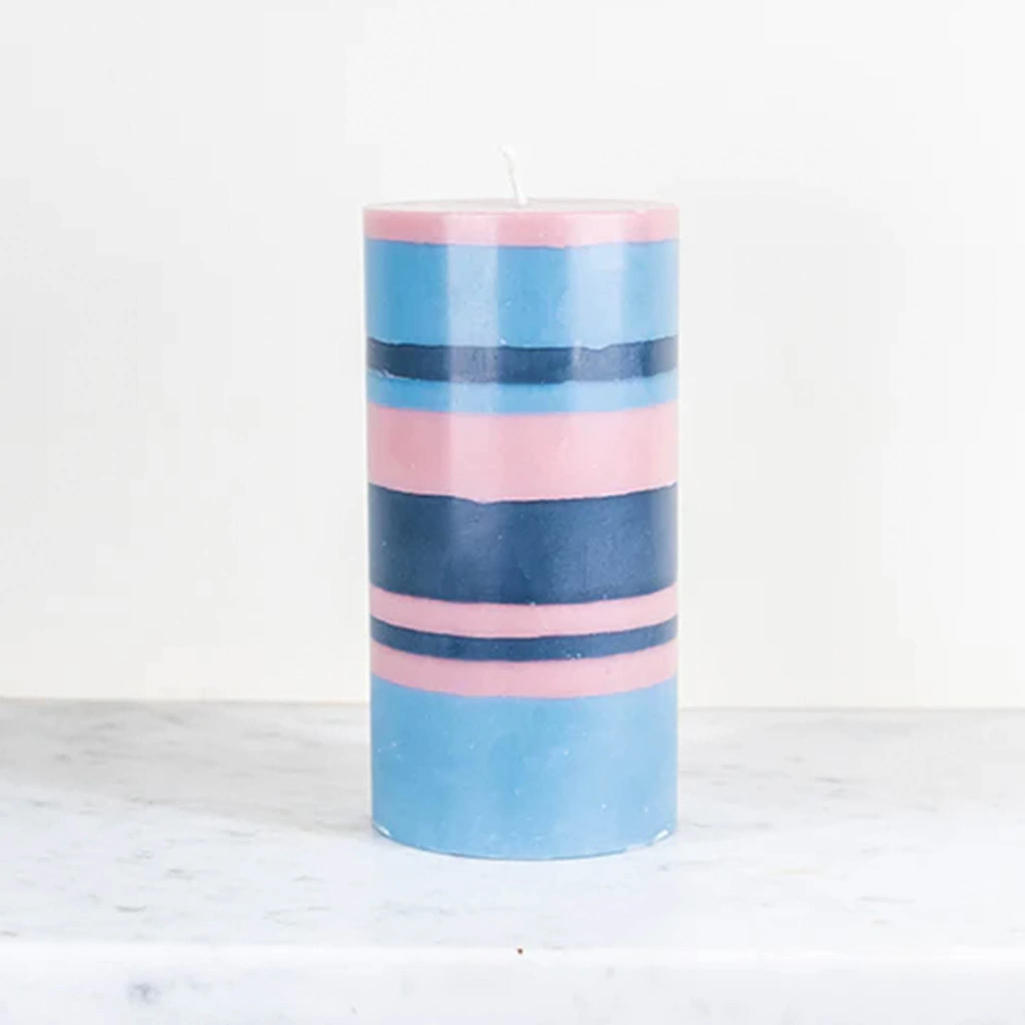 Striped Pillar Candle, Rose & Blue, 15cm 2 Striped Pillar Candle, Rose & Blue, 15cm - Image 2
