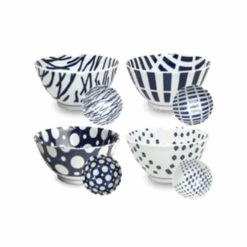 Set Of 4 Assorted Blue Japanese Rice Bowls, 19.5cm