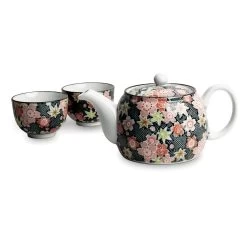 Black Floral Japanese Tea Pot And Cups Set