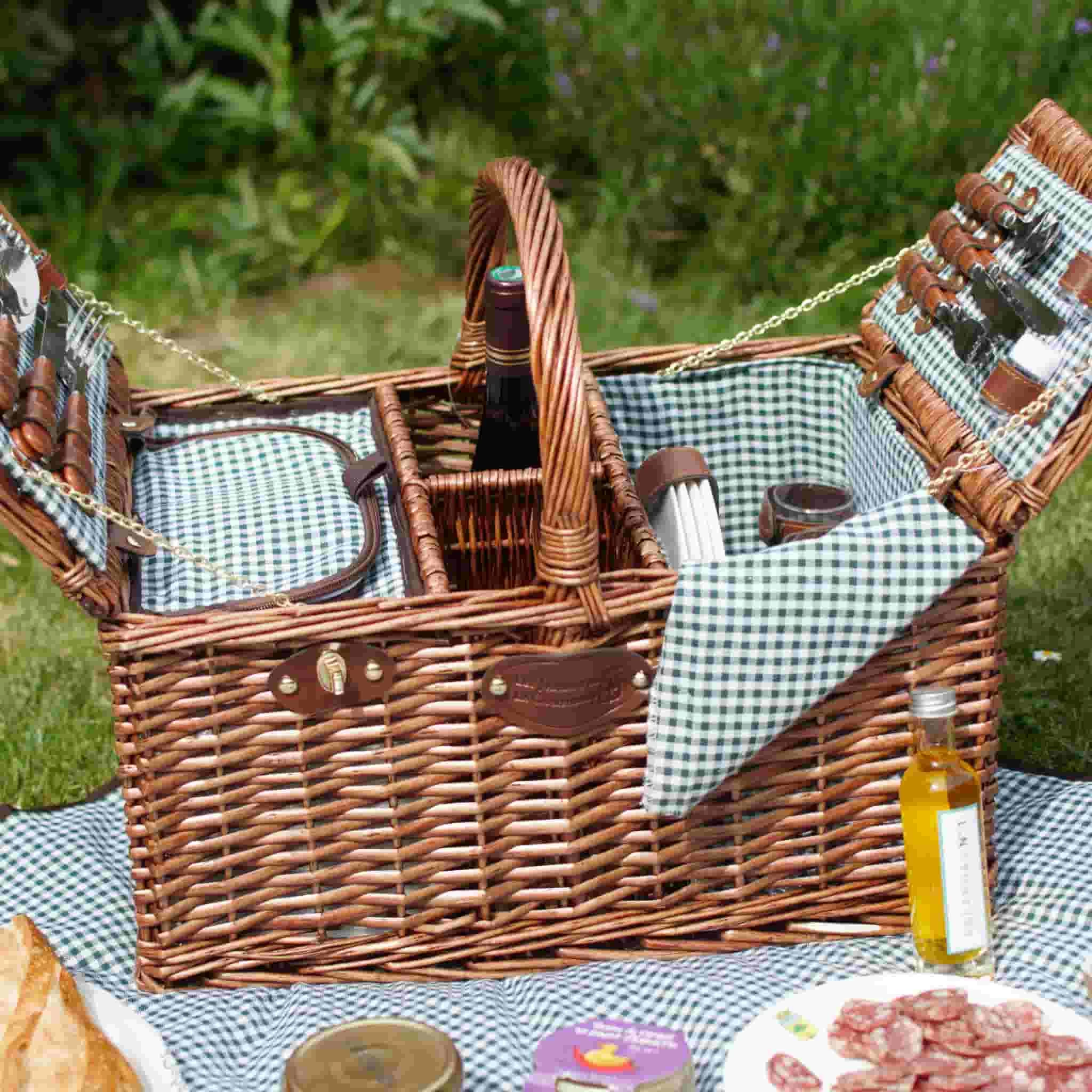 Saint-Germain Green Gingham Picnic Basket, 4 Person 3 Saint-Germain Green Gingham Picnic Basket, 4 Person - Image 3