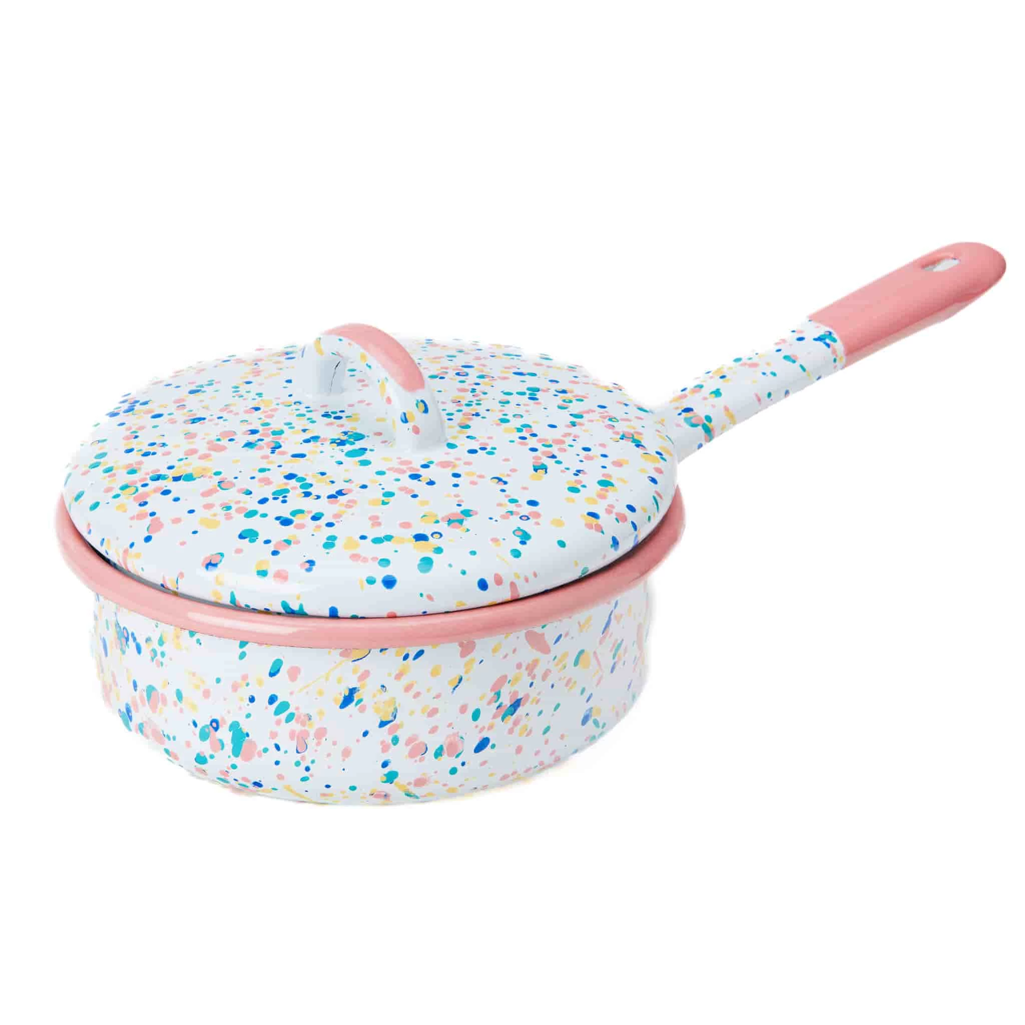 Pink Dot Enamel Saute Pan With Lid, 16cm 1 Pink Dot Enamel Saute Pan With Lid, 16cm