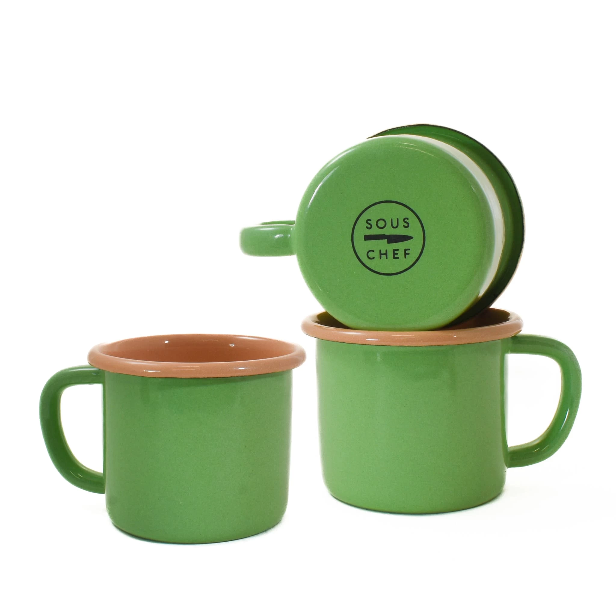 Kapka X Sous Chef Colourblock Enamel Mug, Green & Pink 3 Kapka X Sous Chef Colourblock Enamel Mug, Green & Pink - Image 3