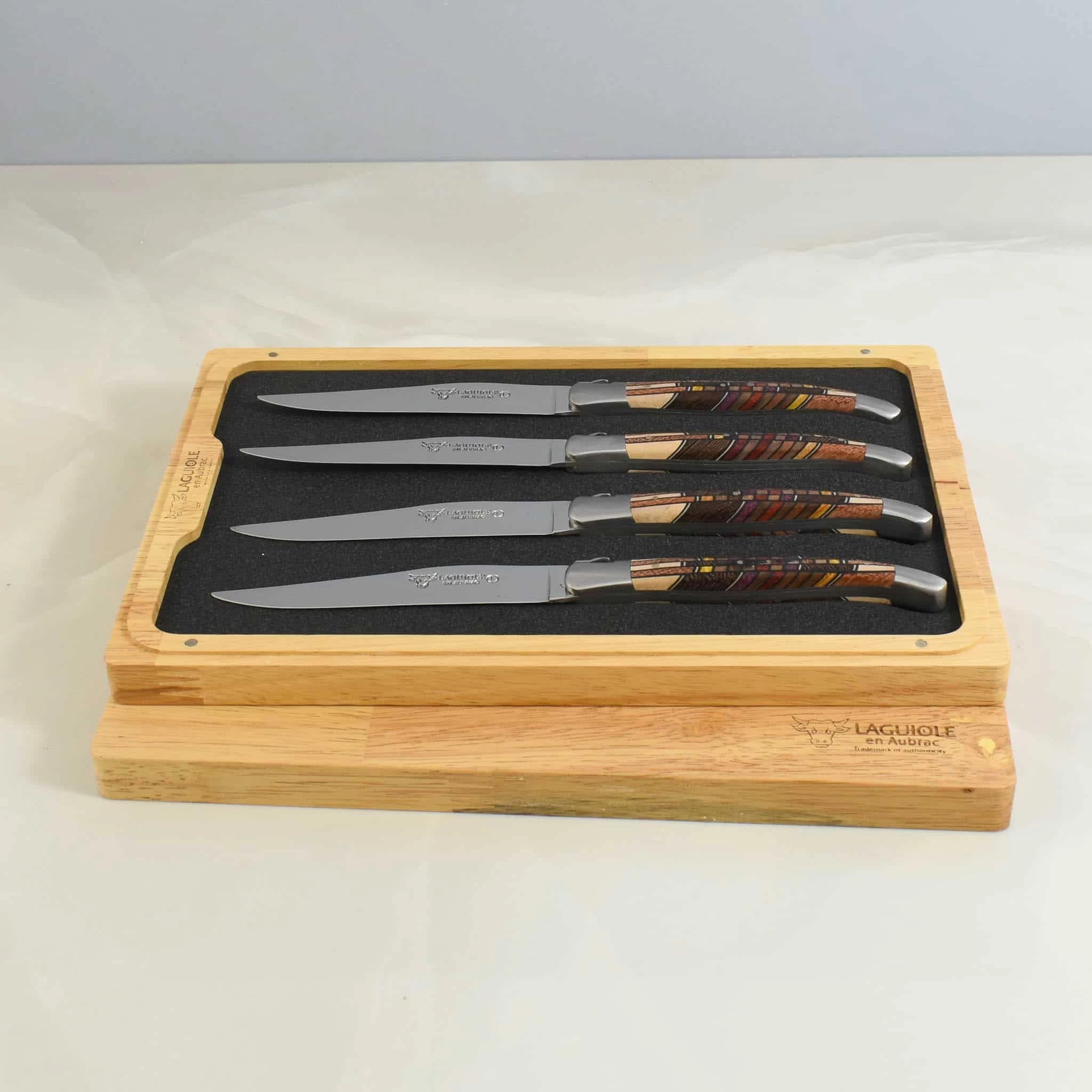 Laguiole En Aubrac Set Of 4 Steak Knives, Geometric Wood 1 Laguiole En Aubrac Set Of 4 Steak Knives, Geometric Wood