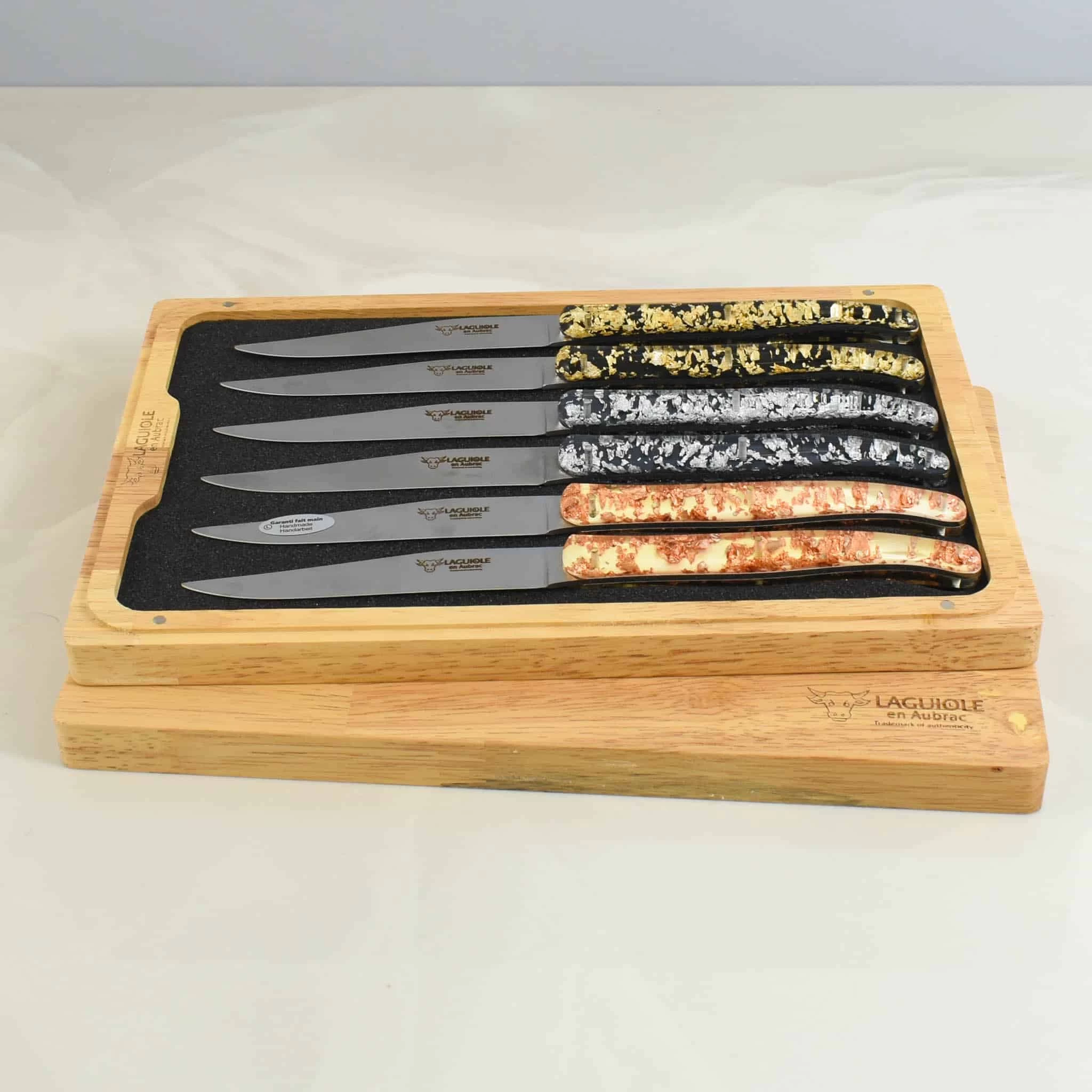 Laguiole En Aubrac Set Of 6 Gold, Silver & Bronze Steak Knives 1 Laguiole En Aubrac Set Of 6 Gold, Silver & Bronze Steak Knives