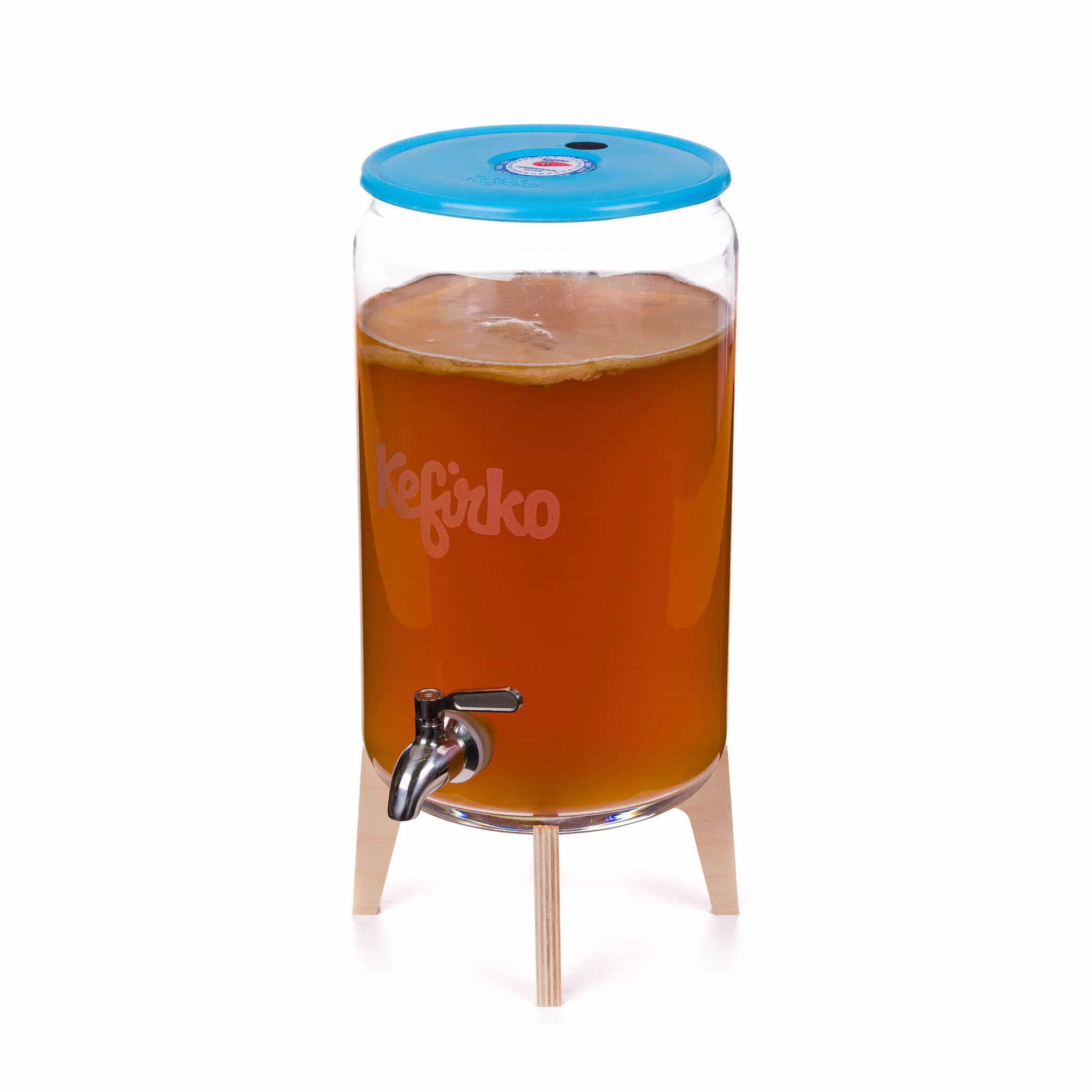 Kefirko Blue Kombucha Glass Fermenter With Spigot And Wooden Stand, 7L 1 Kefirko Blue Kombucha Glass Fermenter With Spigot And Wooden Stand, 7L