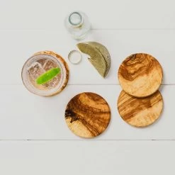 Set Of 4 Olive Wood Round Coasters -Sous Chef Kitchenware SB0024 OliveWoodRoundCoastersSetof4 LS