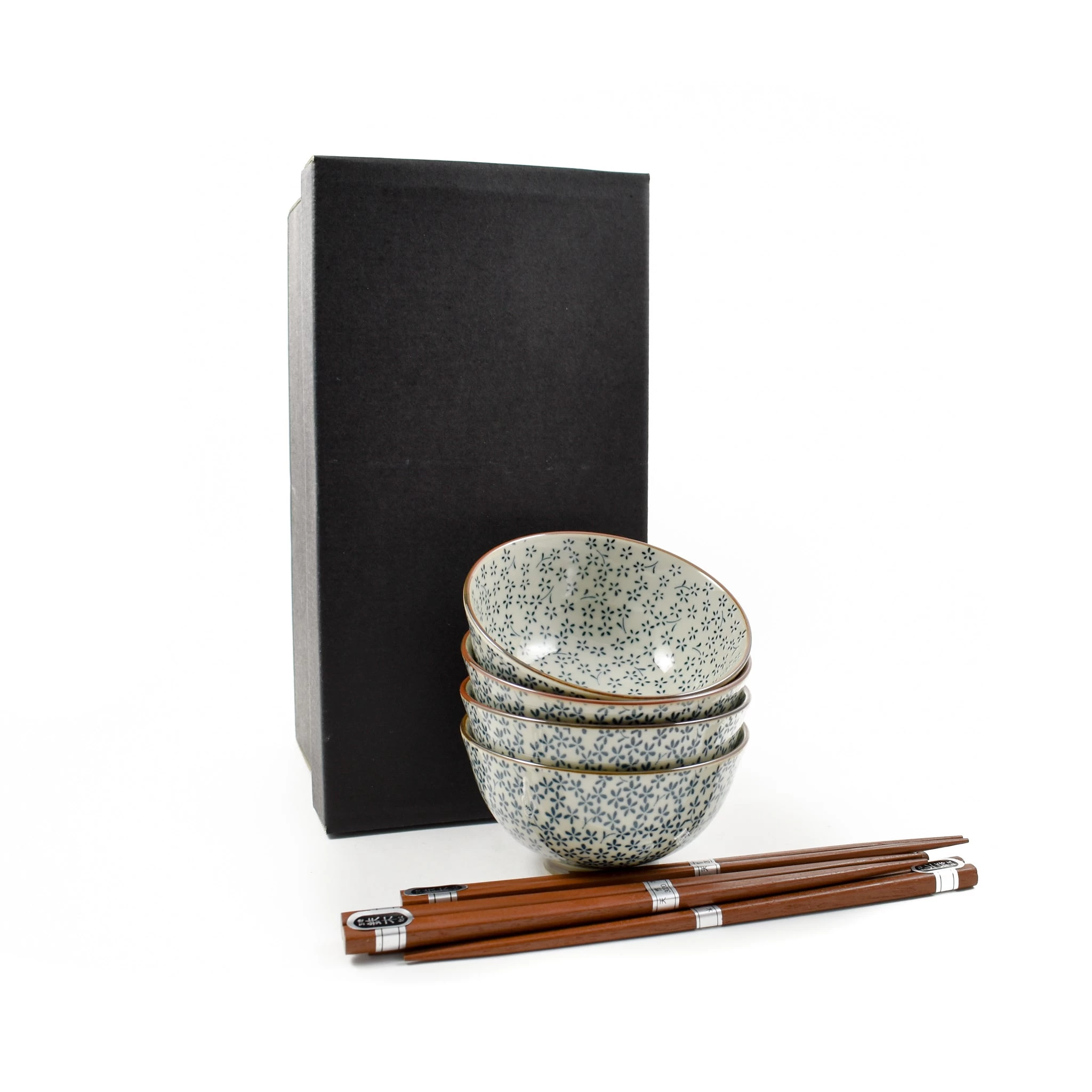 Blue & White Flower Rice Bowl Set With Chopsticks 2 Blue & White Flower Rice Bowl Set With Chopsticks - Image 2