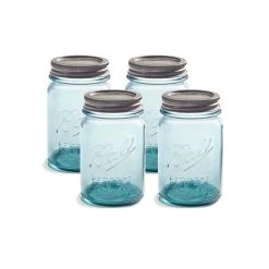 Set Of 4 Ball Mason Jars Aqua Regular Mouth, 473ml